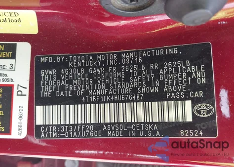 2017 Toyota Camry Se from USA, damaged, VIN 4T1BF1FK4HU676487